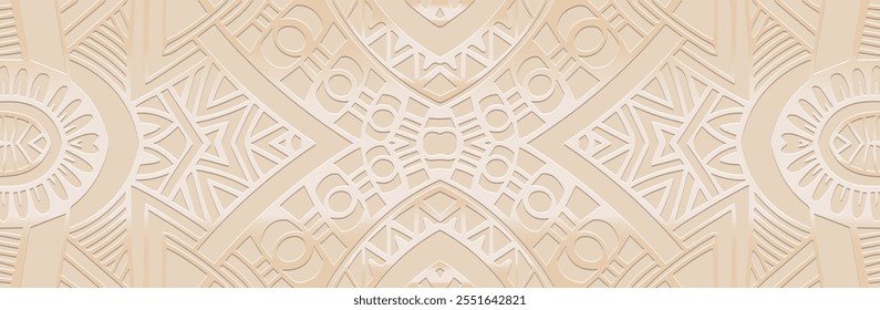 Banner, ethnic boho cover design. Geometric shiny 3D pattern on a light background, embossing. Festive print. Ornaments, arabesques, mandala of the East, Asia, India, Mexico, Aztec, Peru.
