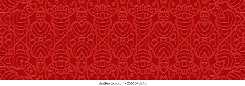 Banner, ethnic boho cover design. Geometric red 3D pattern on red background, embossing. Holiday print. Ornaments, arabesques, mandala of the East, Asia, India, Mexico, Aztec, Peru.
