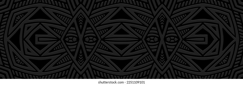 Banner, ethnic cover design. Embossed geometric abstract 3d pattern on a black background. Tribal ornaments with handmade elements, boho style, paper press. Dudling and zentangle antistress technique.