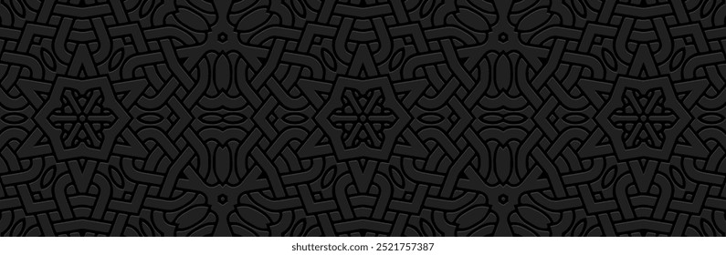 Banner, ethnic cover design. Geometric vintage 3D pattern on black background, embossing. Ornaments, arabesques, mandala, handmade by the peoples of the East, Asia, India, Mexico, Aztec, Peru.