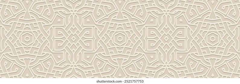 Banner, ethnic cover design. Geometric luxury vintage 3D pattern on a light beige background, embossing. Ornaments, arabesques, mandala, handmade by the peoples of the East, Asia, India, Mexico, Aztec