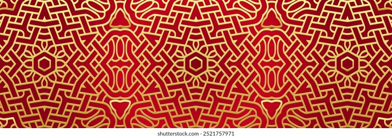 Banner, design de capa étnica. Padrão 3D de ouro de luxo geométrico em um fundo vermelho, em relevo. Ornamentos, arabescos, mandala, artesanato dos povos do Leste, Ásia, Índia, México, Asteca, Peru.