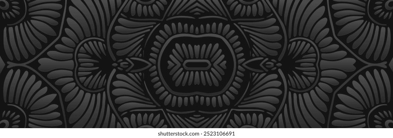 Banner, ethnic cover design. Geometric luxury 3D pattern on black background, embossing. Primitive handwork. Ornaments, arabesques, mandala of the East, Asia, India, Mexico, Aztec, Peru.
