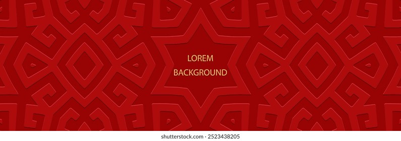 Banner, design de capa étnica. Geométrico decorativo grego padrão 3D, meandro. Fundo vermelho lorem, gravação. Ornamentos do Oriente, Ásia, Índia, México, Asteca. Espaço para texto e publicidade. 
