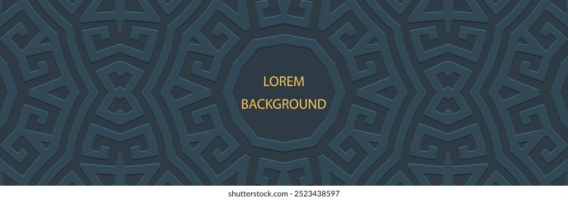 Banner, ethnic cover design. Geometric Greek 3D pattern, meander. Blue lorem background, embossing. Ornaments, arabesques, mandala of the East, Asia, India, Mexico. Space for text and advertising.