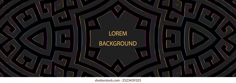 Banner, design de capa étnica. Padrão 3D brilhante grego geométrico, meandro. Fundo lorem preto, em relevo. Ornamentos, arabescos, mandala do Oriente, Ásia, Índia. Espaço para texto e publicidade.