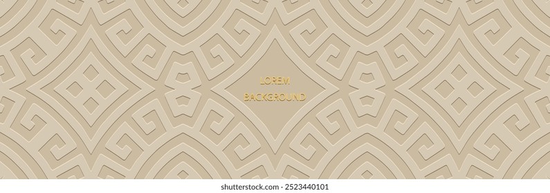 Banner, ethnic cover design. Geometric artistic Greek 3D pattern, meander. Beige lorem background, embossing. Ornaments of the East, Asia, India. Space for text and advertising.