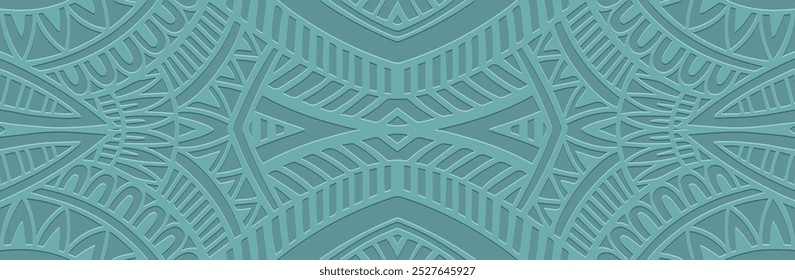 Banner, ethnic cover design. Geometric decorative 3D pattern on a blue background, embossing. Exotic handwork. Ornaments, arabesques, mandala of the East, Asia, India, Mexico, Aztec, Peru. 