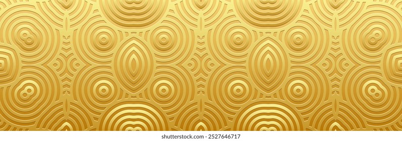 Banner, design de capa étnica. Padrão geométrico de ouro 3D sobre fundo de ouro, em relevo. Trabalho de mão exótico. Ornamentos, arabescos, mandala do Oriente, Ásia, Índia, México, Asteca, Peru.