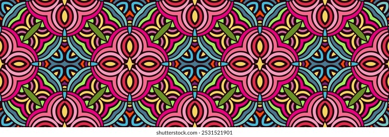 Banner, ethnic cover design. Geometric original pattern, color background. Exotic handmade. Ornaments, arabesques, mandala of the East, Asia, India, Mexico, Aztec, Peru. Coloring, stained glass.