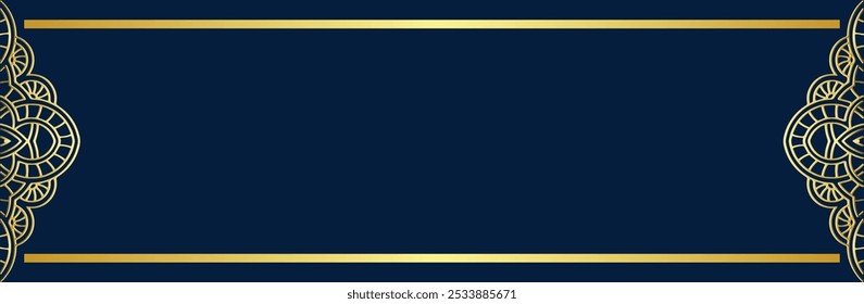 Banner, ethnic cover design. Geometric gold artistic pattern on blue lorem background, space for text and advertising. Vintage ornaments, arabesques, mandala of the East, Asia, India, Mexico, Aztec.