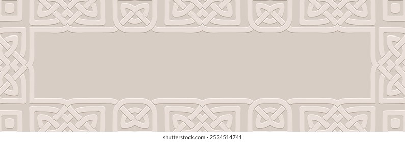 Banner, design de capa étnica. Padrão 3D artístico geométrico, espaço para texto e publicidade. Fundo lorem bege, em relevo. Enfeites antigos, arabescos do Leste, Ásia, Índia, México, Asteca.