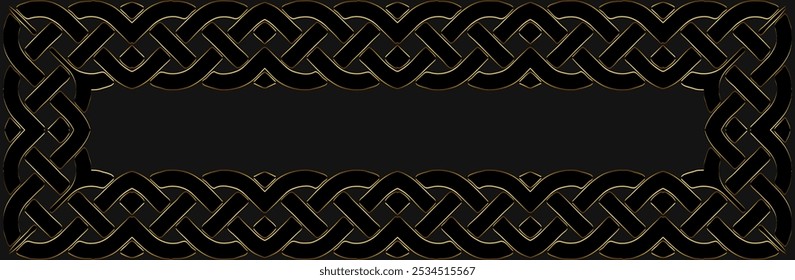 Banner, design de capa étnica. Padrão 3D geométrico com ouro, espaço para texto e publicidade. Fundo lorem preto, em relevo. Enfeites antigos, arabescos do Leste, Ásia, Índia, México, Asteca.