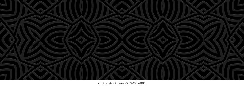 Banner, ethnic cover design. Geometric exotic original 3D pattern. Black background, embossing, boho style. Vintage ornaments, arabesques of the East, Asia, India, Mexico, Aztec, Peru.