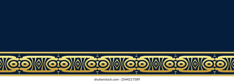 Banner, ethnic cover design. Geometric festive abstract gold pattern on blue lorem background, place for text and advertising. Ornaments, arabesques, mandala of the East, Asia, India, Mexico, Aztec.