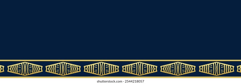 Banner, ethnic cover design. Geometric festive decorative gold pattern on blue lorem background, place for text and advertising. Ornaments, arabesques, mandala of the East, Asia, India, Mexico, Aztec.
