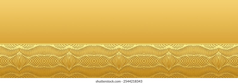 Banner, ethnic cover design. Geometric festive golden 3D pattern on golden lorem background, place for text and advertising. Ornaments, arabesques, mandala of the East, Asia, India, Mexico, Aztec.