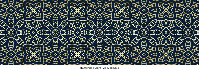 Banner, ethnic cover design. Geometric abstract gold pattern on blue background, festive print. Ornaments, arabesques, mandala of East, Asia, India, Mexico, Aztec, Peru.