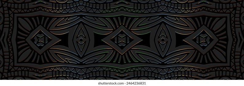 Banner, ethnic cover design. Relief geometric vintage shiny 3D pattern on a black background. Ornaments, arabesques, handmade. Tribal motifs of the East, Asia, India, Mexico, Aztec, Peru.
