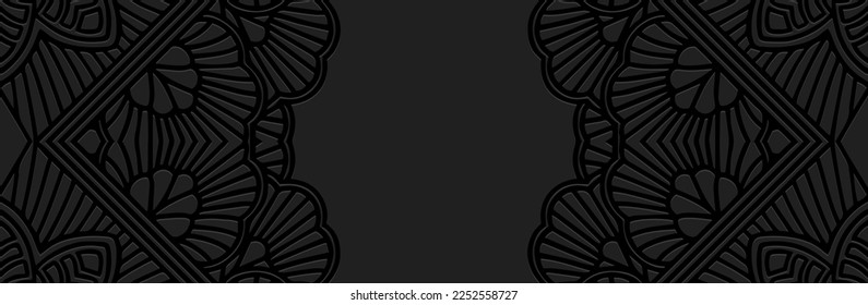 Banner, ethnic decorative cover design. Embossed geometric 3d pattern on a black background. Dudling and zentangle technique, anti-stress. Tribal boho peoples of the East, Asia, India, Mexico, Aztecs,