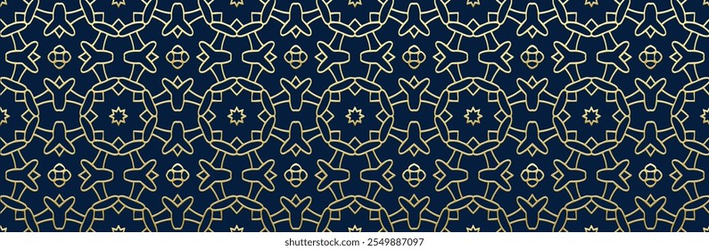 Banner, ethnic decorative cover design. Geometric abstract gold pattern on blue background, festive print. Ornaments, arabesques, mandala of the East, Asia, India, Mexico, Aztec, Peru.