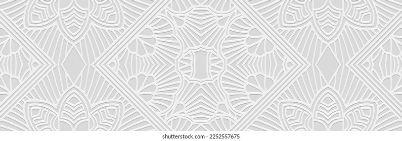 Banner, ethnic elegant cover design. Embossed geometric 3d pattern on a white background. Dudling and zentangle technique, anti-stress. Tribal boho peoples of the East, Asia, India, Mexico, Aztecs