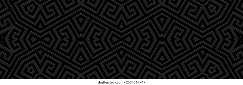 Banner, ethnic elegant cover design. Geometric Greek 3D pattern, meander. Black background, embossing. Vintage ornaments, arabesques of the East, Asia, India, Mexico, Aztec, Peru.