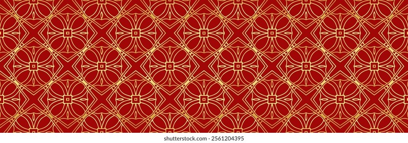 Banner, ethnic exclusive boho cover design. Geometric artistic gold pattern on red background, festive print. Ornaments, arabesques, stained glass, mandala of the East, Asia, India, Mexico, Aztec