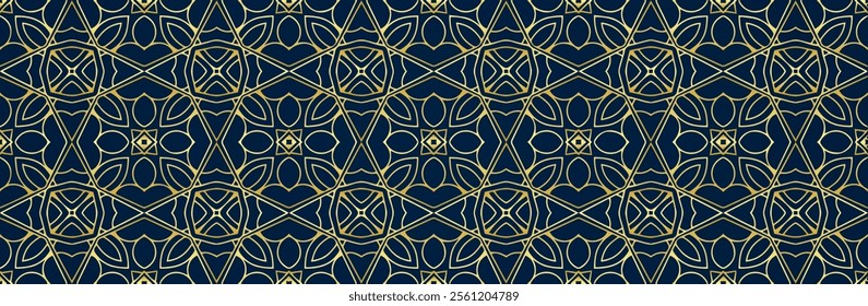 Banner, ethnic exclusive boho cover design. Geometric original gold pattern on blue background, festive print. Ornaments, arabesques, stained glass, mandala of the East, Asia, India, Mexico, Aztec