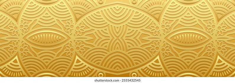 Banner, ethnic lace cover design. Geometric festive gold 3D pattern on gold background, embossing. Ornaments, arabesques, mandala of the East, Asia, India, Mexico, Aztec, Peru.