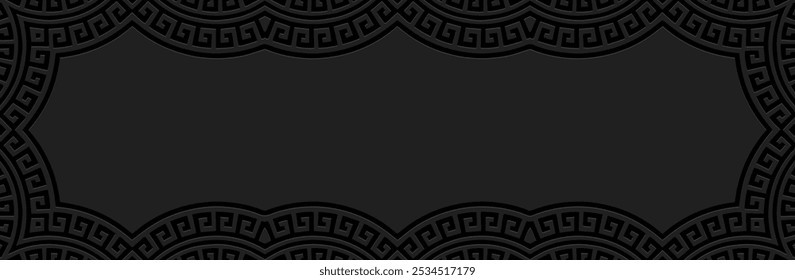 Banner, design de capa étnica única. Padrão geométrico grego 3D, meandro. Fundo lorem preto, em relevo. Ornamentos do Oriente, Ásia, Índia, México, Asteca, Peru. Espaço para texto e publicidade.
