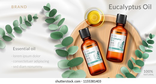 Banner para óleo de eucalipto. Publicidade com garrafa de vidro 3D realista e ramo da planta, placa para produto anti-séptico ou calmante, extrato farmacêutico de erva. Branding e anúncios, tema cosmético