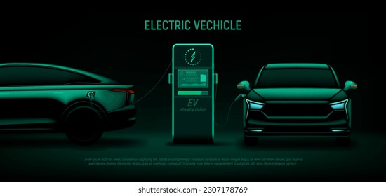 Banner with EV cars at charging station. Vector illustration with green silhouette of electric cars and charging station. Eco-friendly sustainable energy concept. Banner with modern hybrid auto.