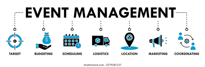 Banner of event management web vector illustration concept with icons of target, budgeting, scheduling, logistics, location, coordinating