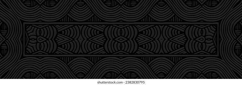 Banner, exotic cover design. Embossed ethnic tribal geometric vintage 3D pattern on black background. Handmade, minimalism, boho. Old motifs of the East, Asia, India, Mexico, Aztec, Peru.