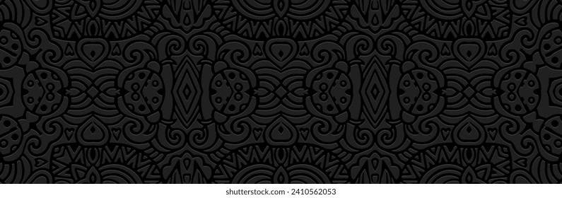 Pancarta, diseño de cubierta exótica. Patrón 3D geométrico de origen étnico tribal con relieve sobre fondo negro. Arte decorativo ornamental de Oriente, Asia, India, México, Azteca, Perú.