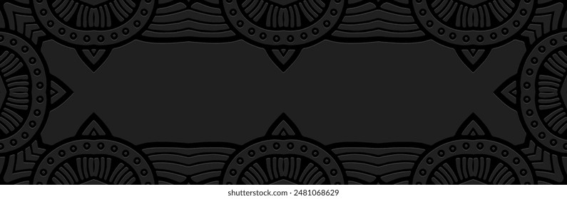 Banner, exotic cover design. Relief geometric ethnic 3D pattern on a black lorem background made of lines. Ornaments, handmade. Art Deco, traditions of the East, Asia, India, Mexico, Aztec, Peru.