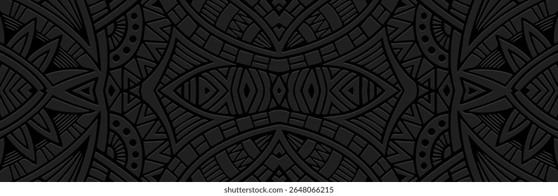 Banner, exotic cover design, wallpaper. Geometric ethnic vintage pattern on black background, embossing. 3D relief ornaments, arabesques, mandala, fresco, painting of the East, Asia, India, Mexico.