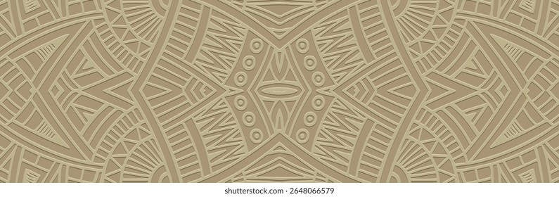 Banner, exotic cover design, wallpaper. Geometric ethnic vintage pattern on a light background, embossing. 3D relief ornaments, arabesques, mandala, fresco, painting of the East, Asia, India, Mexico.