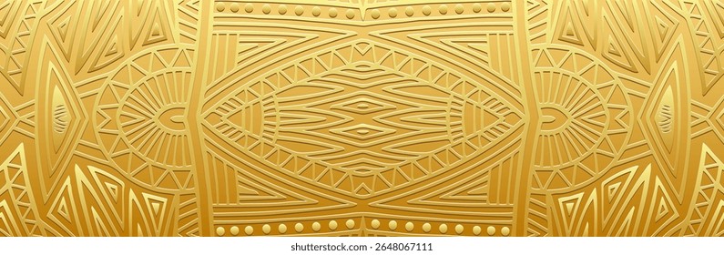 Banner, exotic cover design, wallpaper. Geometric ethnic gold pattern on gold background, embossing. 3D relief ornaments, arabesques, mandala, fresco, painting of the East, Asia, India, Mexico, Aztec.
