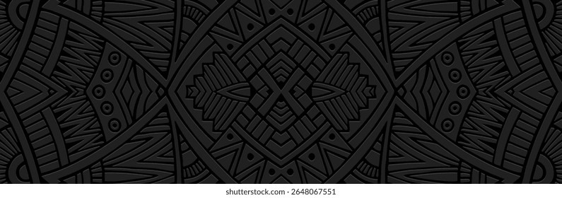 Banner, exotic cover design, wallpaper. Geometric ethnic original pattern on a black background, embossing. 3D relief ornaments, arabesques, mandala, fresco, painting of the East, Asia, India, Mexico.