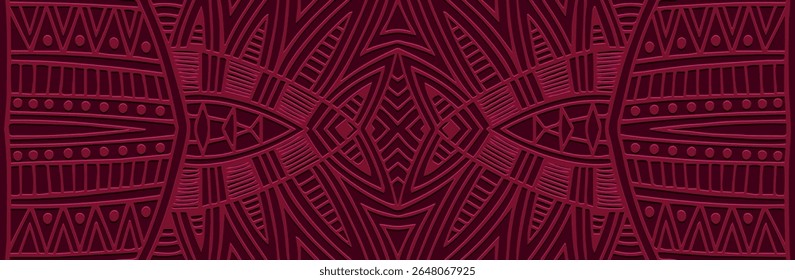 Banner, exotic cover design, wallpaper. Geometric ethnic pattern on a burgundy background, embossing. 3D relief ornaments, arabesques, mandala, fresco, painting of the East, Asia, India, Mexico, Aztec