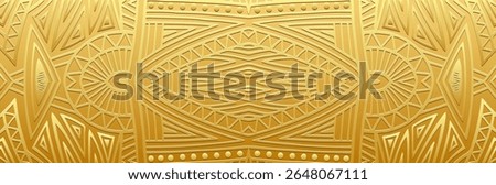 Banner, exotic cover design, wallpaper. Geometric ethnic gold pattern on gold background, embossing. 3D relief ornaments, arabesques, mandala, fresco, painting of the East, Asia, India, Mexico, Aztec.