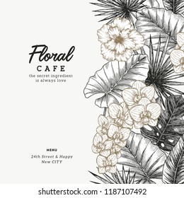 Banner with exotic flowers and leaves. Card design template. 