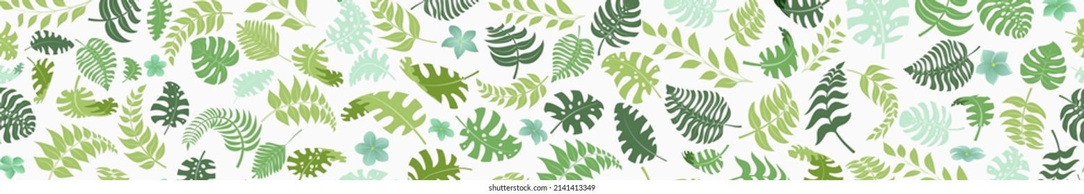 Banner with exotic jungle plants. Tropical palm leaves and flowers. Rainforest illustration, green on white background, with seamless horizontal repetition