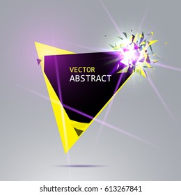 Banner with explosion of black and yellow pieces, rays of lights, on background. Vector illustration