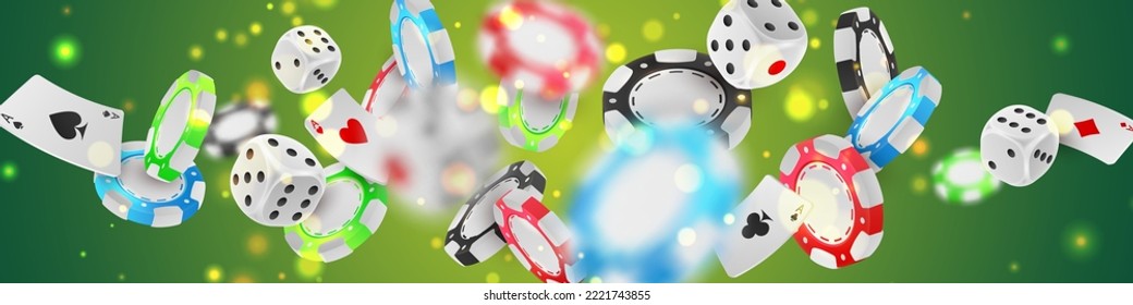 Banner with explosion of colored poker chips, tokens, playing cards, dices on green background with golden light, sparkles. Vector illustration for casino, game design, advertising.