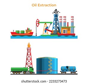 Banner extraction and oil processing, petroleum production service modern energy storage flat vector illustration, isolated on white.