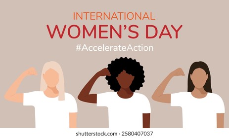 Banner with faceless women of different nationalities with raised hand demonstrating strength, muscles. March 8, International Women's Day. Inspirational inclusivity. Flat vector illustration EPS10