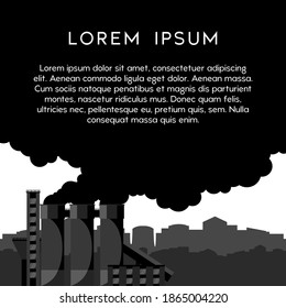 Banner with a factory and Smoking pipes of a processing plant, cement plant on the background of the city. Industrial concept with space for text, vector illustration